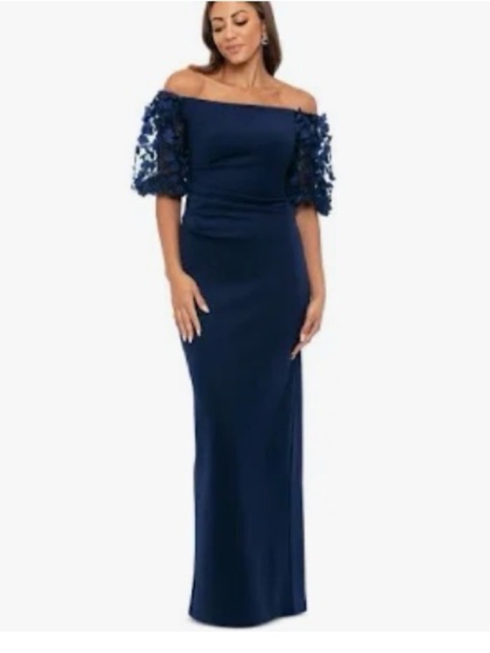Xscape Navy Off-the-Shoulder Gown with Floral Puff Sleeves